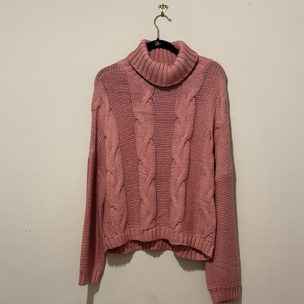 Elegant Pink Cable Knit Turtleneck Sweater